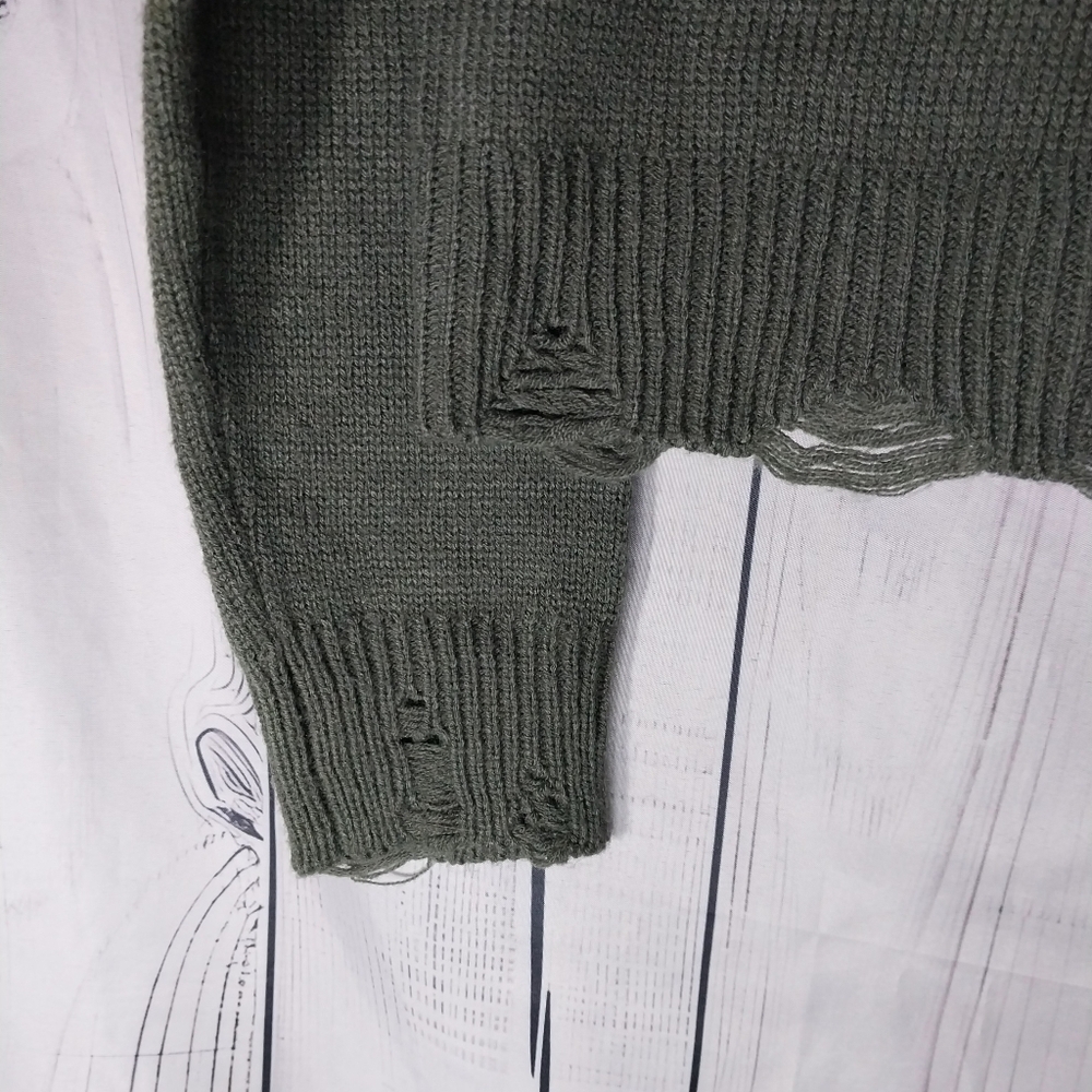 No Boundaries Olive Mushroom Graphic Cropped Grunge Distressed  Sweater - Picture 5 of 9